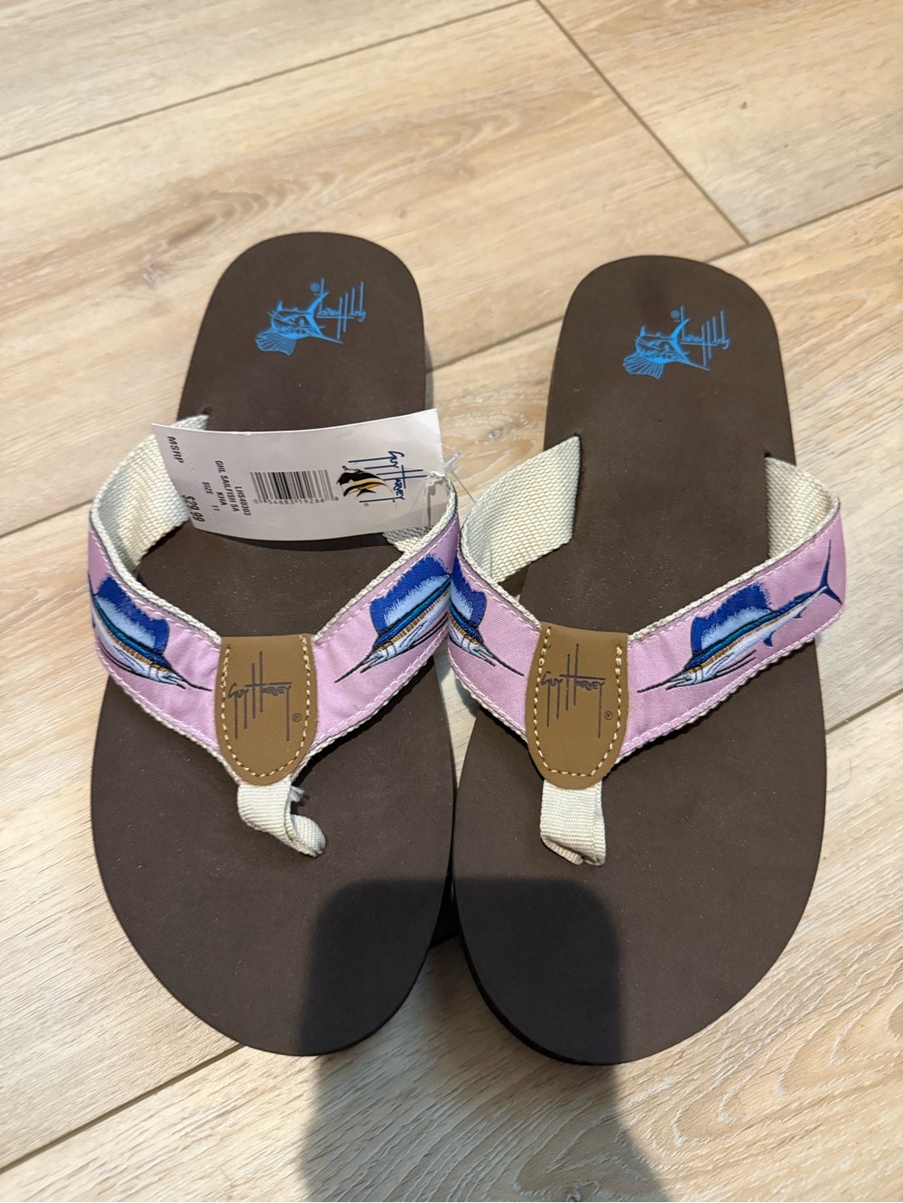 Guy Harvey Pink Blue Marlin Embroidered Brown Flip Flop Sandals